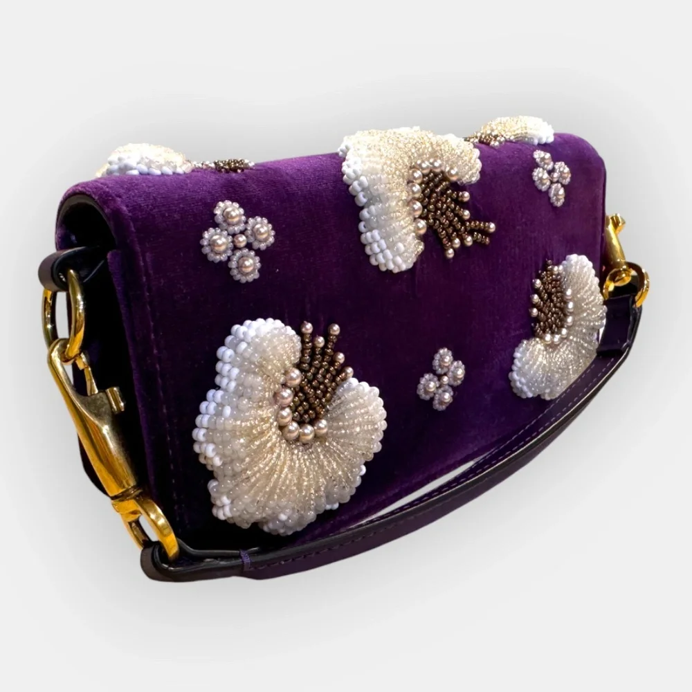 NEW Valentino Garavani Loco Small Peonies Beaded Velvet Shoulder Bag PURPLE - Picture 4 of 7